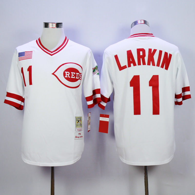 Men MLB Cincinnati Reds 11 Larkin white throwback 1990 jerseys